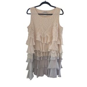 Paisley Vine Ruffle Dress Lace Sleeveless Layered‎ Mini Beige/Gray Fairy Size M